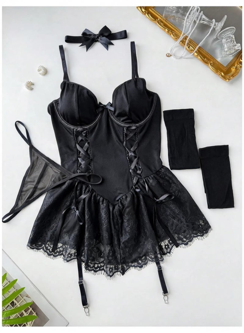 NIBEMINENT Women's Lace Babydoll Garter Lingerie Dress with Thong and Stockings Set - Image 1