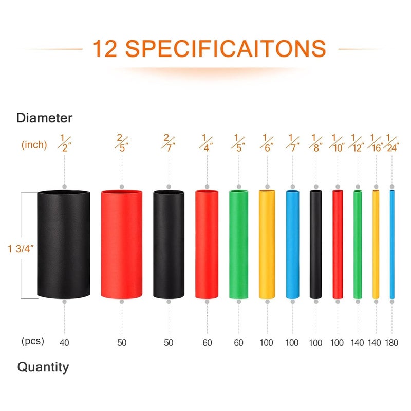 EVENTRONIC 900PCS Heat Shrink Tubing 2:1, Electrical Wire Cable Wrap Assortment Electric Insulation Heat Shrink Tube Kit with Box (5 colors/12 Sizes) - Image 2