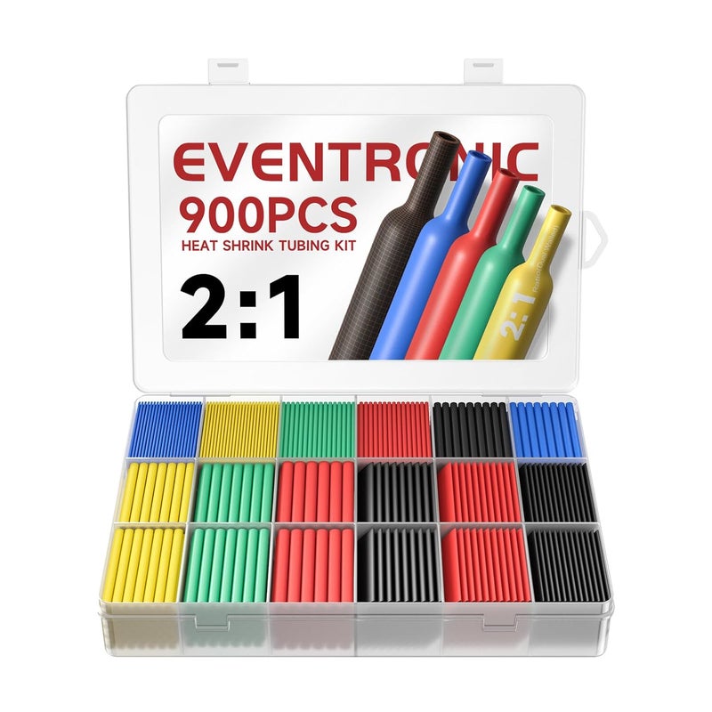 EVENTRONIC 900PCS Heat Shrink Tubing 2:1, Electrical Wire Cable Wrap Assortment Electric Insulation Heat Shrink Tube Kit with Box (5 colors/12 Sizes) - Image 1