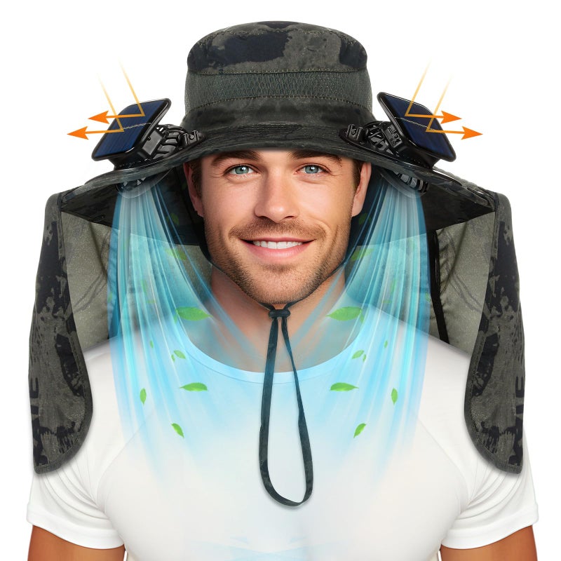 Chuarry Wide Brim Sun Hat with 2 Solar Fans and Neck Flap Outdoor Solar Powered USB Charging Bucket Fishing Hat for Men WomenMilitary Green Camouflage - Image 2