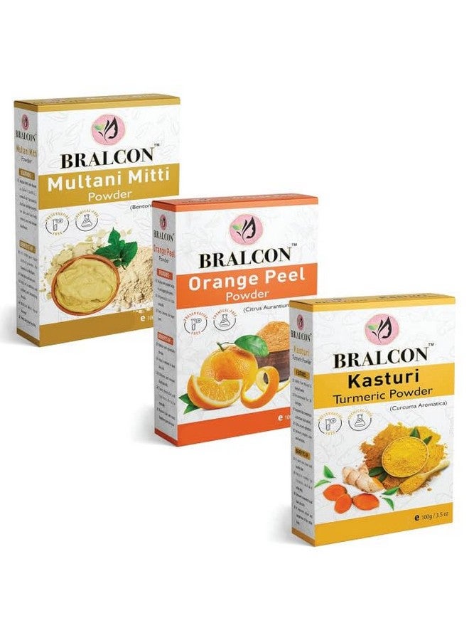 BRALCON مجموعة مسحوق برالكون العضوي من ملتانى ميتى، برتقال، مسحوق هالدي - 300 جرام (100 جرام × 3 عبوة) | مسحوق ملتانى ميتى، مسحوق قشر البرتقال، مسحوق كاستوري الكركم لماسكات الوجه، تبييض البشرة | للعناية بالشعر وإشراقة البشرة - Image 1