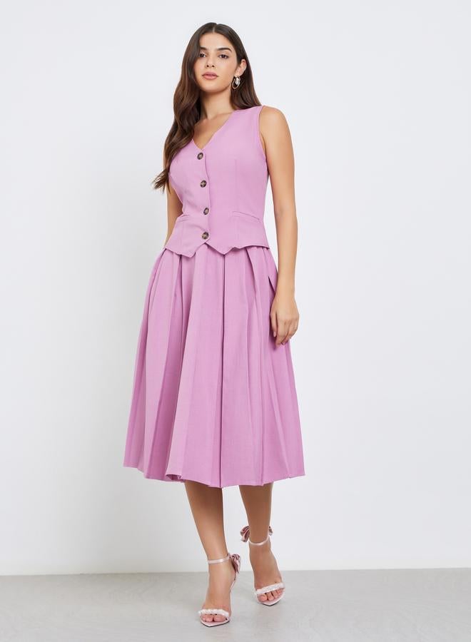 ستايلي فستان ميدي بتفاصيل أزرار بدون أكمام - Image 3