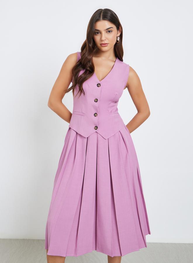 ستايلي فستان ميدي بتفاصيل أزرار بدون أكمام - Image 1