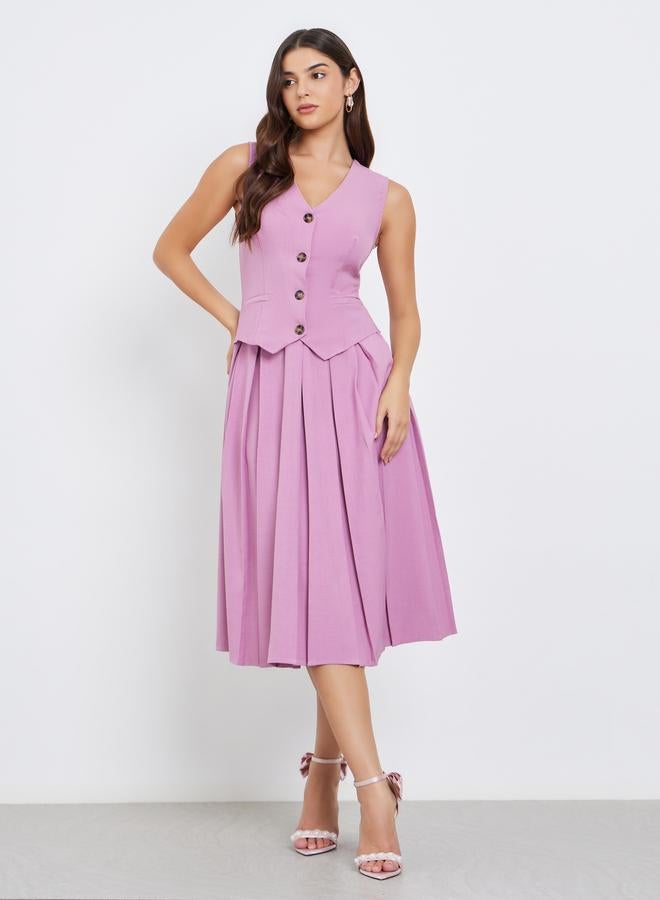 ستايلي فستان ميدي بتفاصيل أزرار بدون أكمام - Image 2