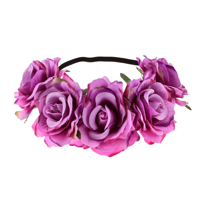 June Bloomy Rose Floral Crown Garland Flower Headband Headpiece for Wedding Festival (Purple) - Image 4