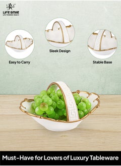 Life Smile LIFE SMILE Decorative Fruit Basket with Handle, Elegant Countertop Bowl, White & Gold Table Decor  - Image 4