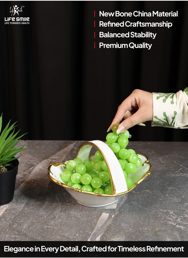 Life Smile - LIFE SMILE Decorative Fruit Basket with Handle, Elegant Countertop Bowl, White & Gold Table Decor - Image 1