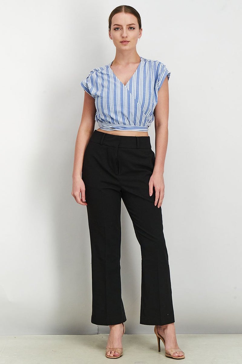 Reserved Women Wrap Around Short Sleeve Stripe Blouse, Blue - Image 4