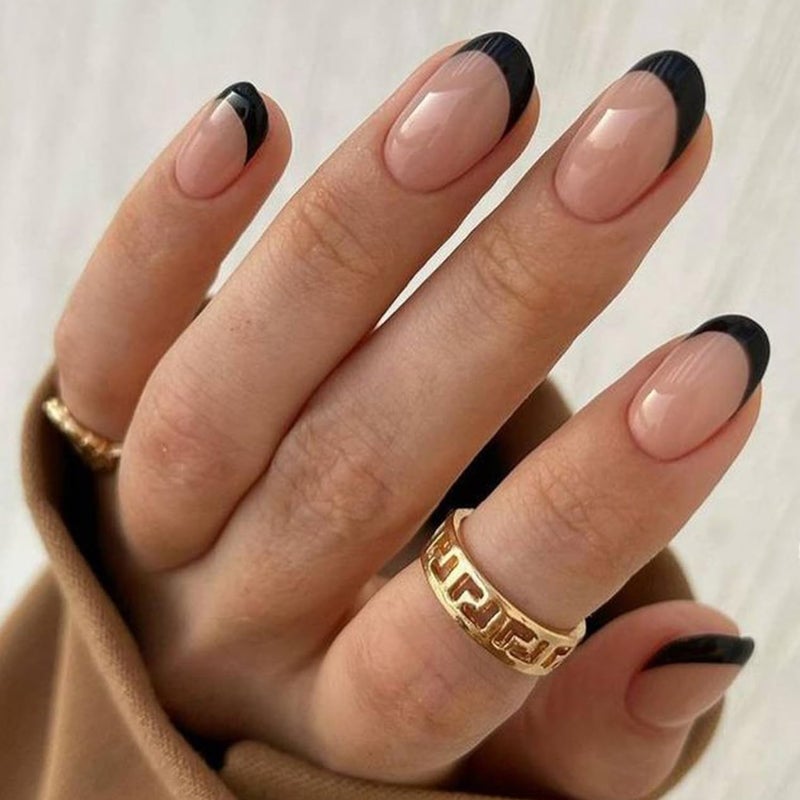 modelones Black French Tip Press On Nails, Short Oval Fake Nails Press Ons with Nail Glue, Adhesive Tabs, Nail File, Prep Pad, Manicure Stick, 32Pcs 16 Sizes, Women Girl Gift - Image 2