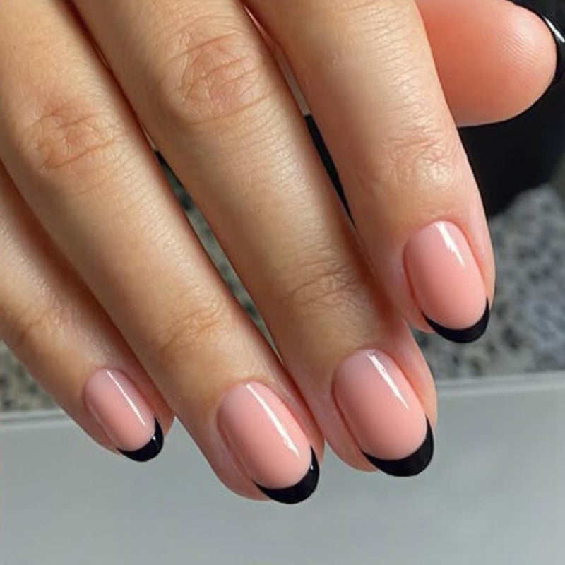 modelones Black French Tip Press On Nails, Short Oval Fake Nails Press Ons with Nail Glue, Adhesive Tabs, Nail File, Prep Pad, Manicure Stick, 32Pcs 16 Sizes, Women Girl Gift - Image 1