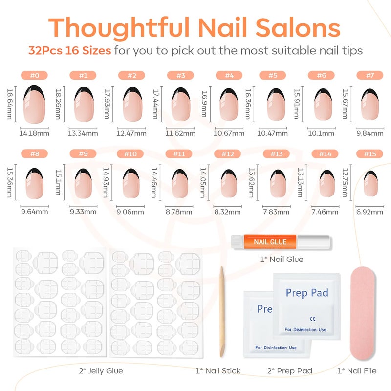 modelones Black French Tip Press On Nails, Short Oval Fake Nails Press Ons with Nail Glue, Adhesive Tabs, Nail File, Prep Pad, Manicure Stick, 32Pcs 16 Sizes, Women Girl Gift - Image 5
