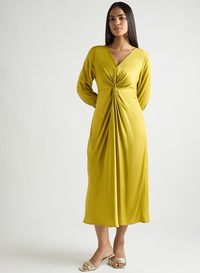 Femmella Women Green Modal Satin Twist Detail Midi Dress - Image 3