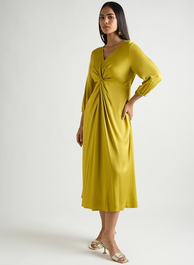 Femmella Women Green Modal Satin Twist Detail Midi Dress - Image 4