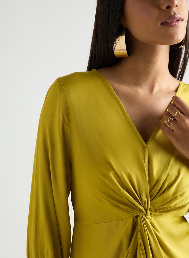 Femmella Women Green Modal Satin Twist Detail Midi Dress - Image 5
