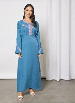 Jalabiya With Colored Leaf Embroidery In Front And Arms With Belt