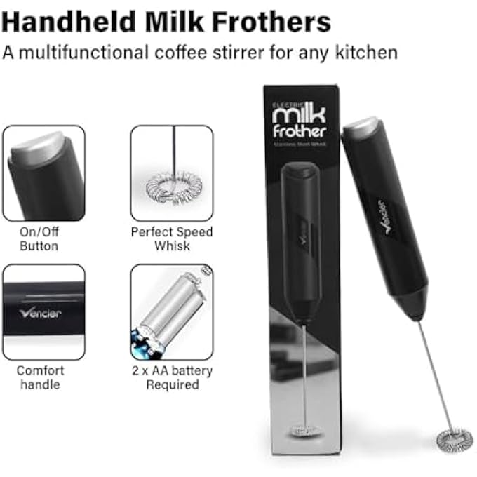 Vencier Handheld Milk Frother  Stainless Steel Electric Whisk  Portable BatteryOperated Foam Maker For Lattes Matcha  Shakes  Ergonomic Compact  Easy To Clean Batteries Not Included Black - Image 3