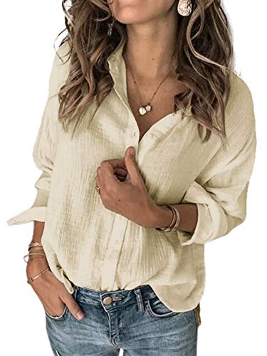 Karlywindow Womens Long Sleeve Button Down Cotton Linen Shirt Blouse Loose Fit Casual V-Neck Tops (Beige, Small) - Image 2
