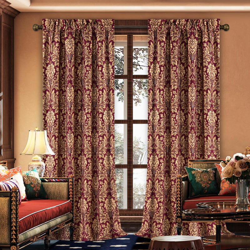Loom and Mill Luxury Jacquard Curtains for Bedroom, Burgundy Red Lined Damask Curtains 2 Panels with Tiebacks, Floral Window Curtain for Living Room Banquet Christmas Decor(52”Wx 108”L, 2 Panels) - Image 1