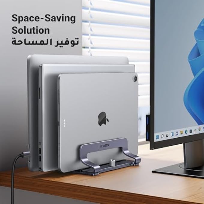 UG VERTICAL LAPTOP HOLDER UPGRADED 3-SLOT LAPTOP STAND FOR DESK ADJUSTABLE WIDTH VERTICAL MACBOOK NOTEBOOK STAND FOR OFFICE DESKTOP SPACE SAVING FIT FOR ALL LAPTOPS & TABLETS UP TO 15.6'' SILVER - Image 3