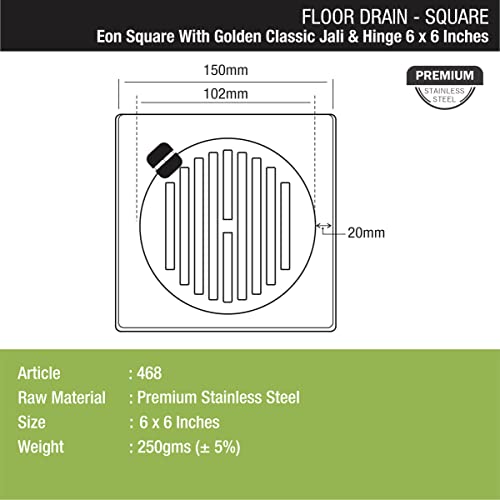 LIPKA Eon Square with Golden Classic Jali Floor Drain |Premium Stainless Steel |6 x 6 Inches| with Hinge - Image 2