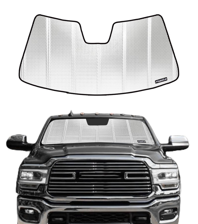 Pigenius Windshield Sun Shade for Ram 25003500 20192025 with 10 Inch Wide Sensor Reflective Aluminum Film Front Window Sunshade BLAZBLOCK