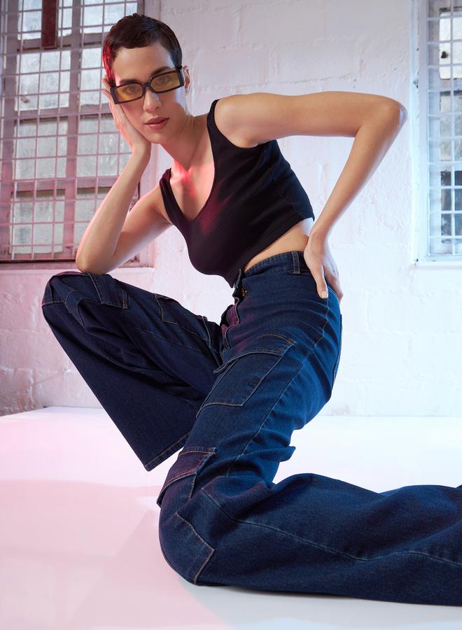 Sassafras Women Blue High Rise Cargo Straight Jeans - Image 2