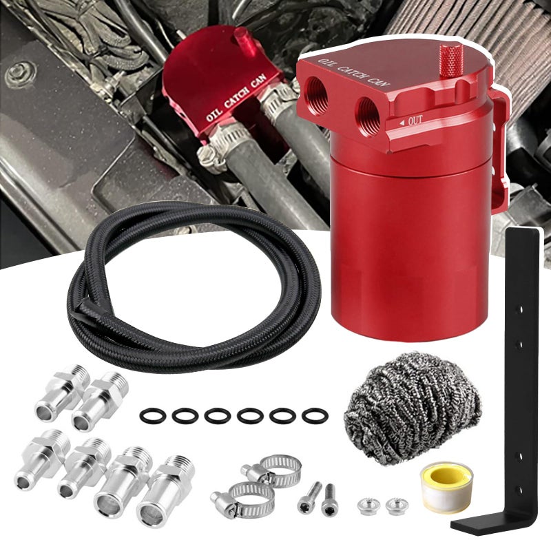 RULLINE Universal 350ml Reservoir Tank Oil Catch Can Tank 0046 Aluminum Polish Baffled Reservoir with Bracket Red