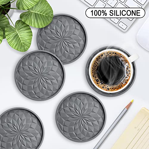 ME.FAN Silicone Coasters with Holder,[6 Pack] Drinking Coasters - Cup Mat for Hot or Cold Drinks, Thickened, Non-Slip, Non-stick,Deep Tray Dark Grey - Image 2