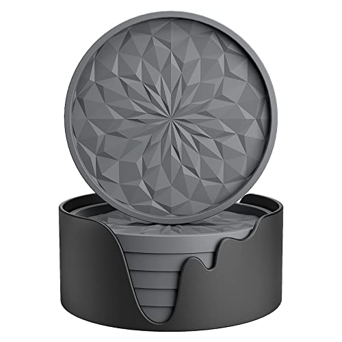 ME.FAN Silicone Coasters with Holder,[6 Pack] Drinking Coasters - Cup Mat for Hot or Cold Drinks, Thickened, Non-Slip, Non-stick,Deep Tray Dark Grey - Image 1