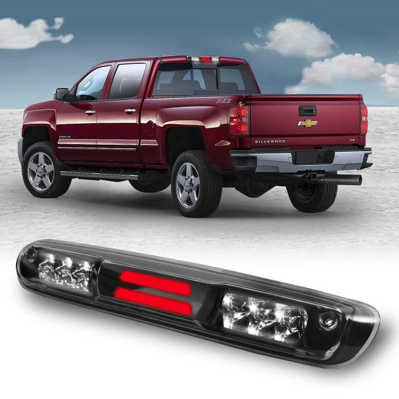 KOMAS 3rd Third Tail Rear Brake Light Replacement For 2007 2008 2009 2010 2011 2012 2013 Chevy SilveradoGMC Sierra High Mount Waterproof 3D Dual Row LED Bar Clear Lens