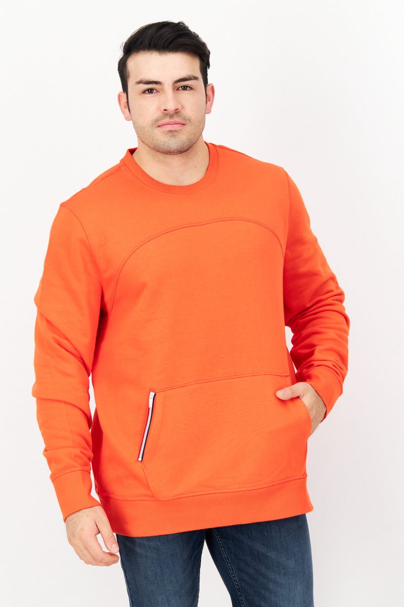 Fourlaps Men Crew Neck Long Sleeve Fleece Sweatshirt, Orange - Image 1