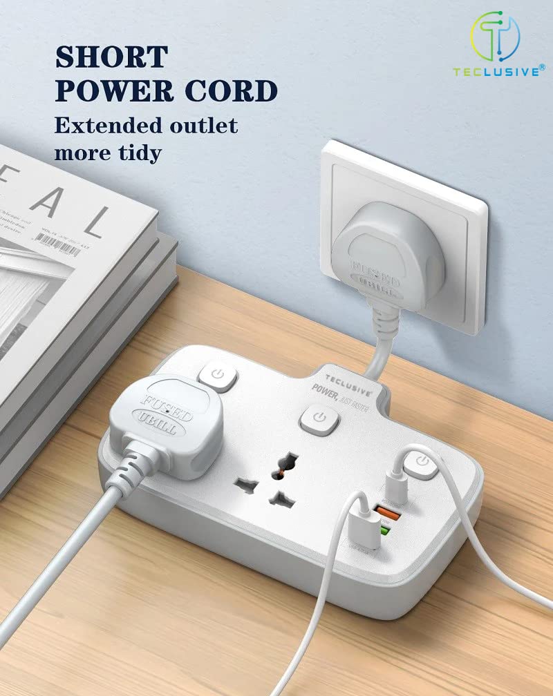 T TECLUSIVE 250 Volts 2500W 10A Extension Power Strip with USB Ports | 2 Power Socket with 20W Type C USB PD QC 3.0 Fast Charging | 100-250V Multi Port Extension with Individual Switch - 3 Pin Plug - Image 4