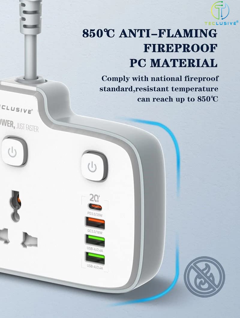 T TECLUSIVE 250 Volts 2500W 10A Extension Power Strip with USB Ports | 2 Power Socket with 20W Type C USB PD QC 3.0 Fast Charging | 100-250V Multi Port Extension with Individual Switch - 3 Pin Plug - Image 5