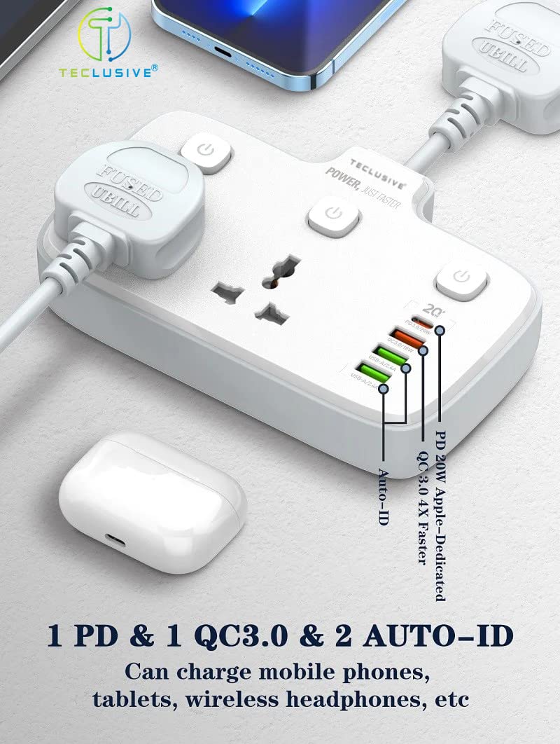 T TECLUSIVE 250 Volts 2500W 10A Extension Power Strip with USB Ports | 2 Power Socket with 20W Type C USB PD QC 3.0 Fast Charging | 100-250V Multi Port Extension with Individual Switch - 3 Pin Plug - Image 3