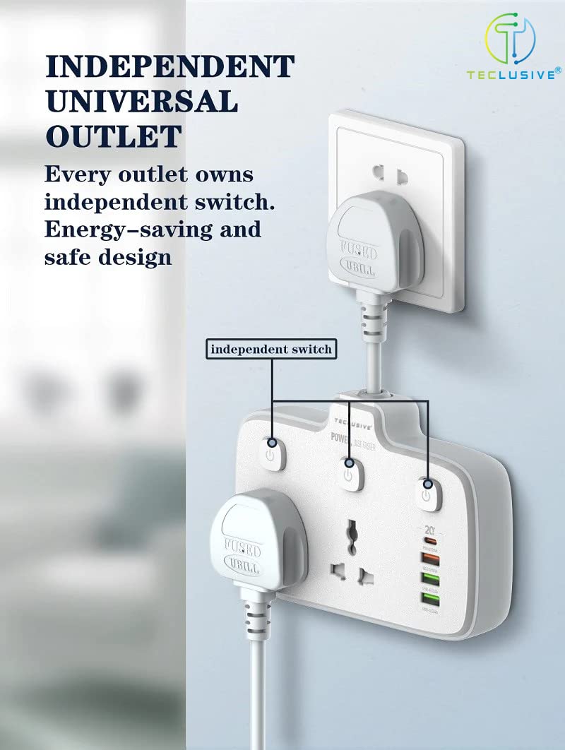 T TECLUSIVE 250 Volts 2500W 10A Extension Power Strip with USB Ports | 2 Power Socket with 20W Type C USB PD QC 3.0 Fast Charging | 100-250V Multi Port Extension with Individual Switch - 3 Pin Plug - Image 2