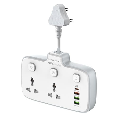 T TECLUSIVE 250 Volts 2500W 10A Extension Power Strip with USB Ports | 2 Power Socket with 20W Type C USB PD QC 3.0 Fast Charging | 100-250V Multi Port Extension with Individual Switch - 3 Pin Plug - Image 1