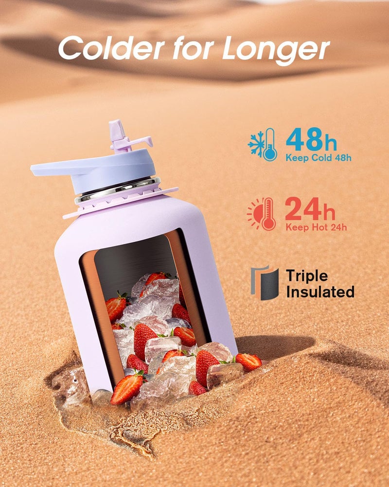 Coolflask Half Gallon Water Bottle with Strap, 64oz Insulated Water Jug Stainless Steel with Straw & Spout Lids, Metal Large Water Flask, Keep Cold 48h Hot 24h, Leak Proof & Non-BPA, Lavender - Image 2