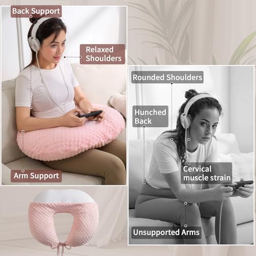 RUSHANPEACE Reading Pillow for Gaming Reading Crochet, U Shaped Arm Support Pillow with Removable Cover Reducing Arching Neck for Adult Reading and Working Sitting on Bed Sofa for Arm Rest (Pink) - Image 2