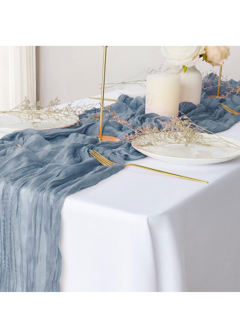 spa luxetique Dusty Blue Cheesecloth Table Runners, 10ft Boho Gauze Table Runner Rustic Wedding Cheese Cloths Decor for Bridal Baby Shower Arch Birthday Party Dinner Events Home Decorations (2 Pack)  - Image 1