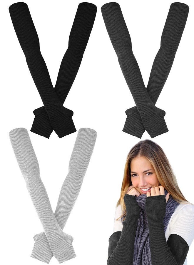 Jadive 3 Pairs Women Arm Warmers Soft Wool Blend Warm Long Fingerless Gloves Black Gray Knit Arm Sleeves Knit Mitten Women Gloves with Thumbhole for Winter - Image 1