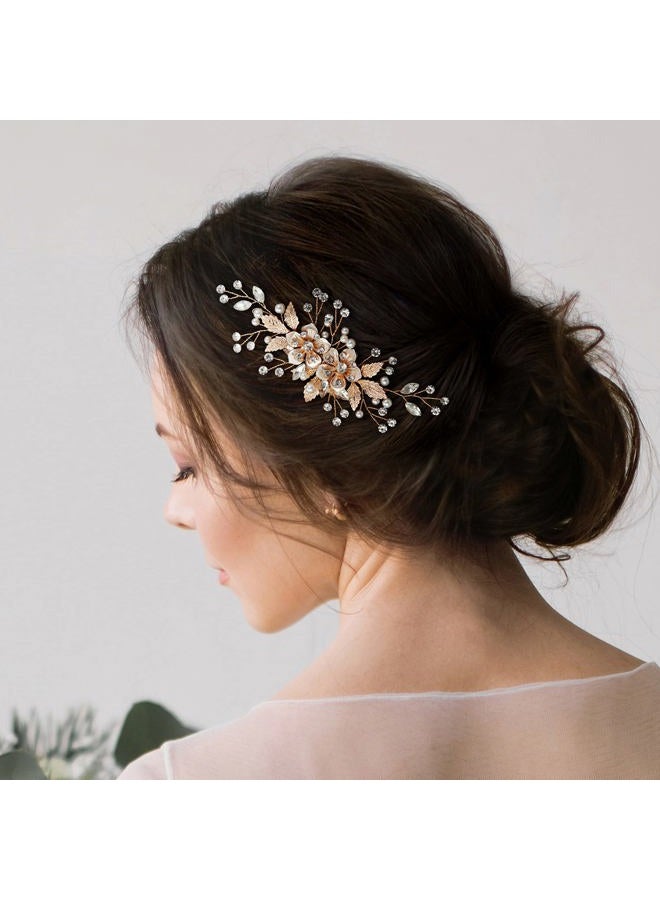 SWEETV Flower Bride Wedding Hair Comb Pearl Bridal Crystal Leaf Gold Headpiece Rhinestones Handmade Jewelry for Women and Girls - Image 3