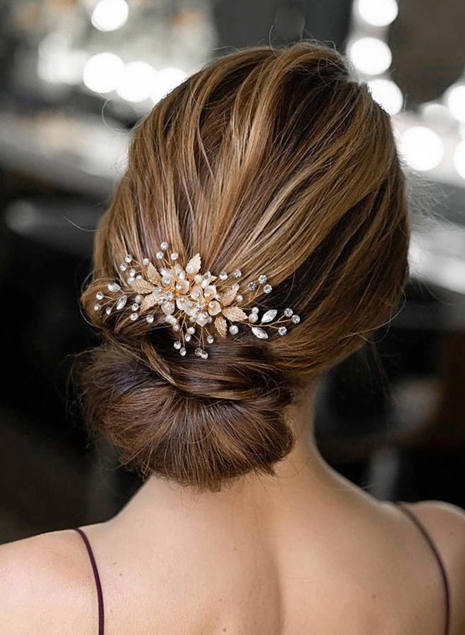 SWEETV Flower Bride Wedding Hair Comb Pearl Bridal Crystal Leaf Gold Headpiece Rhinestones Handmade Jewelry for Women and Girls - Image 2