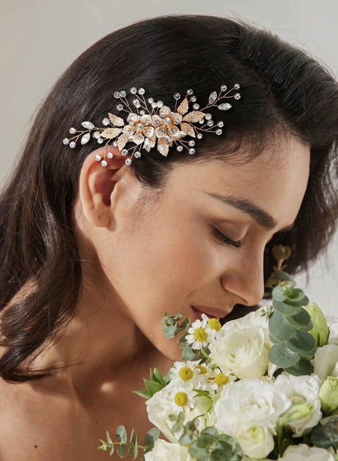 SWEETV Flower Bride Wedding Hair Comb Pearl Bridal Crystal Leaf Gold Headpiece Rhinestones Handmade Jewelry for Women and Girls - Image 4