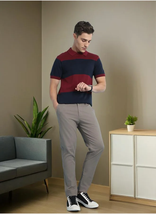 Dennis Lingo Men's Maroon 100% Cotton Striped Regular Fit T-Shirt