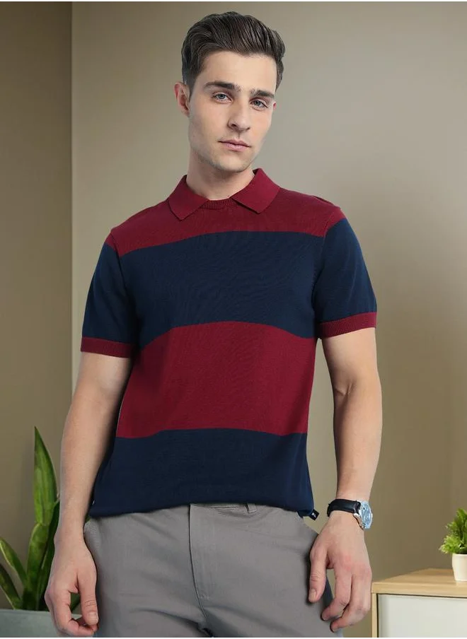 Dennis Lingo Men's Maroon 100% Cotton Striped Regular Fit T-Shirt