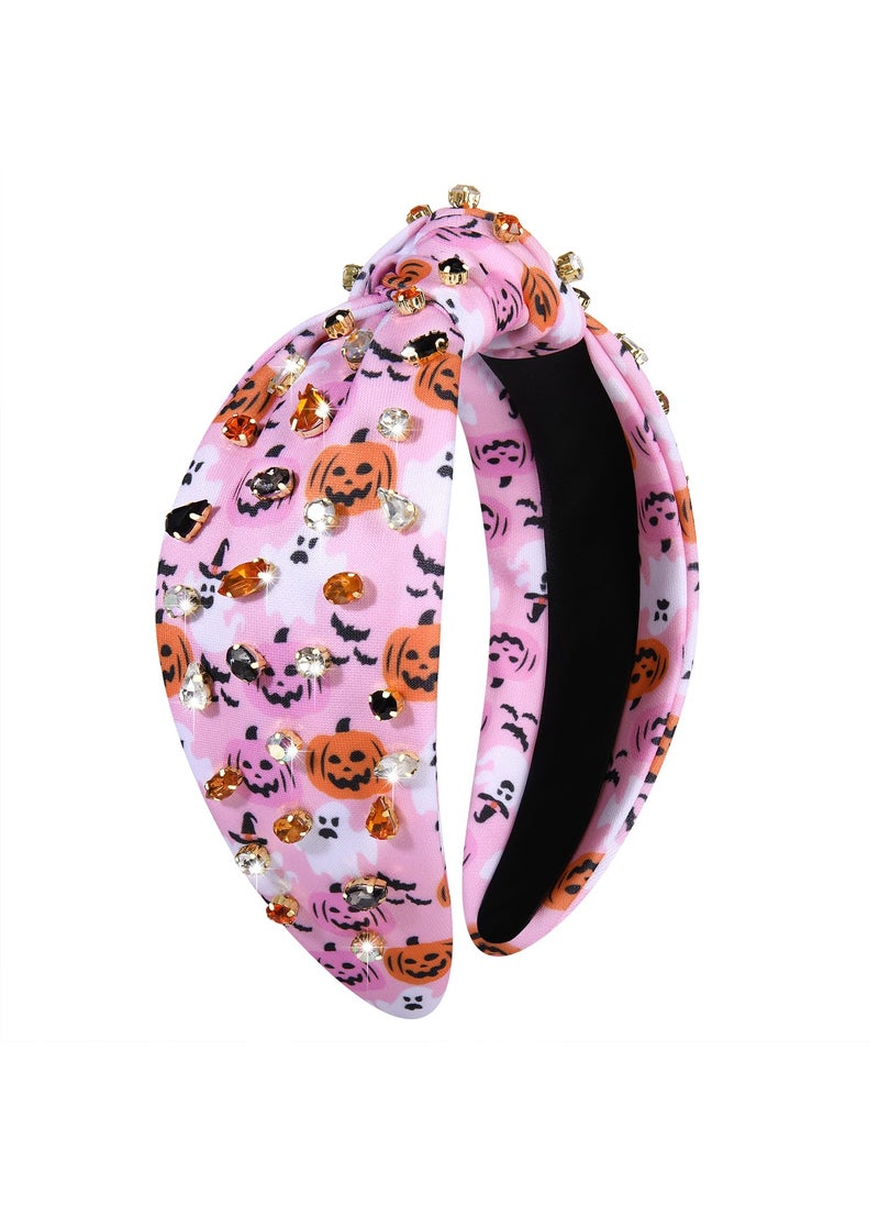 HZEYN - Pink Halloween Headbands for Women Spooky Ghost Pumpkin Knotted Headband Crystal Wide Headband Hairband Hair Accessories Pink Pumpkin Ghost - Image 1