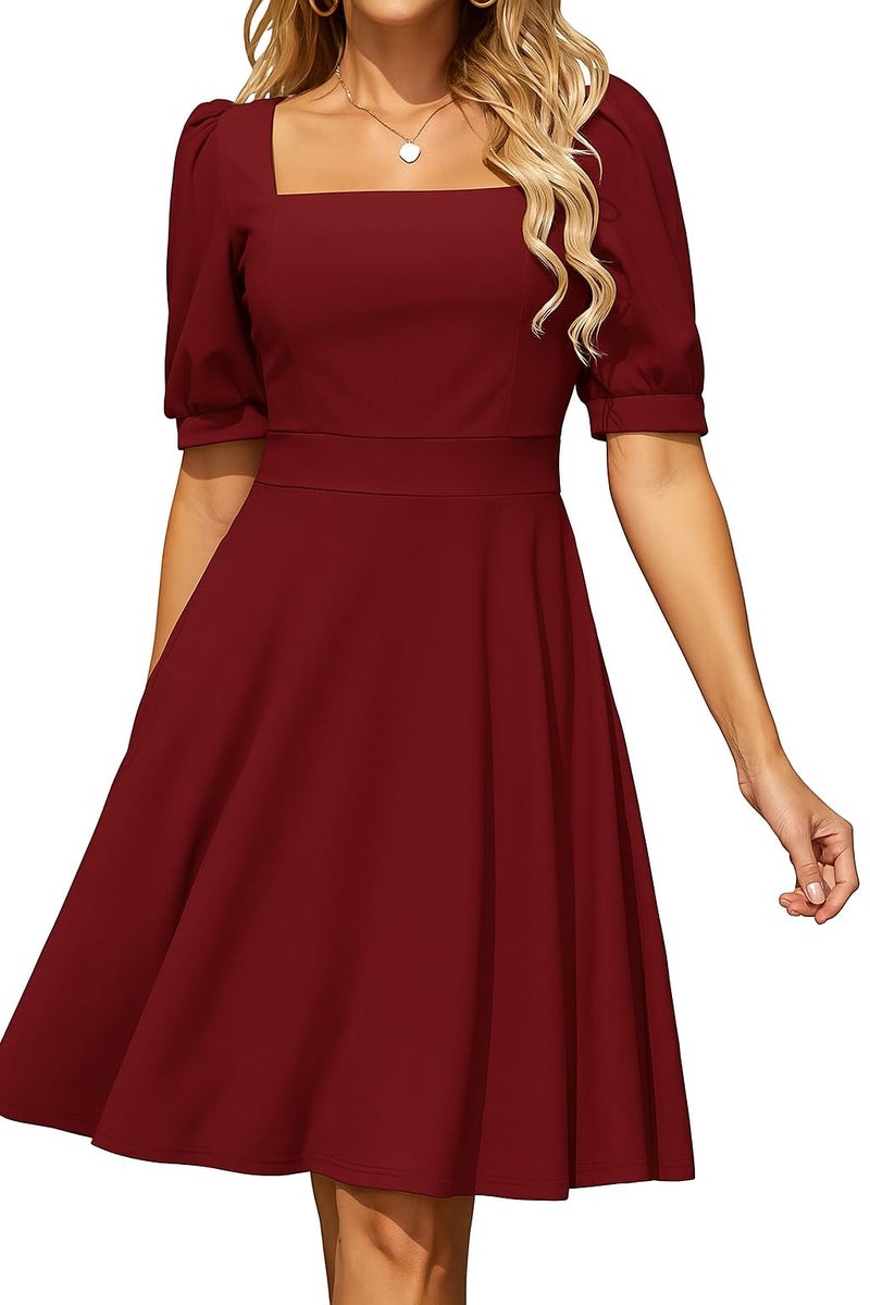 TATAIYA Women's Square Neck Half-Sleeve Cocktail Plus Size Dress (PLS06_Maroon_2XL) - Image 1