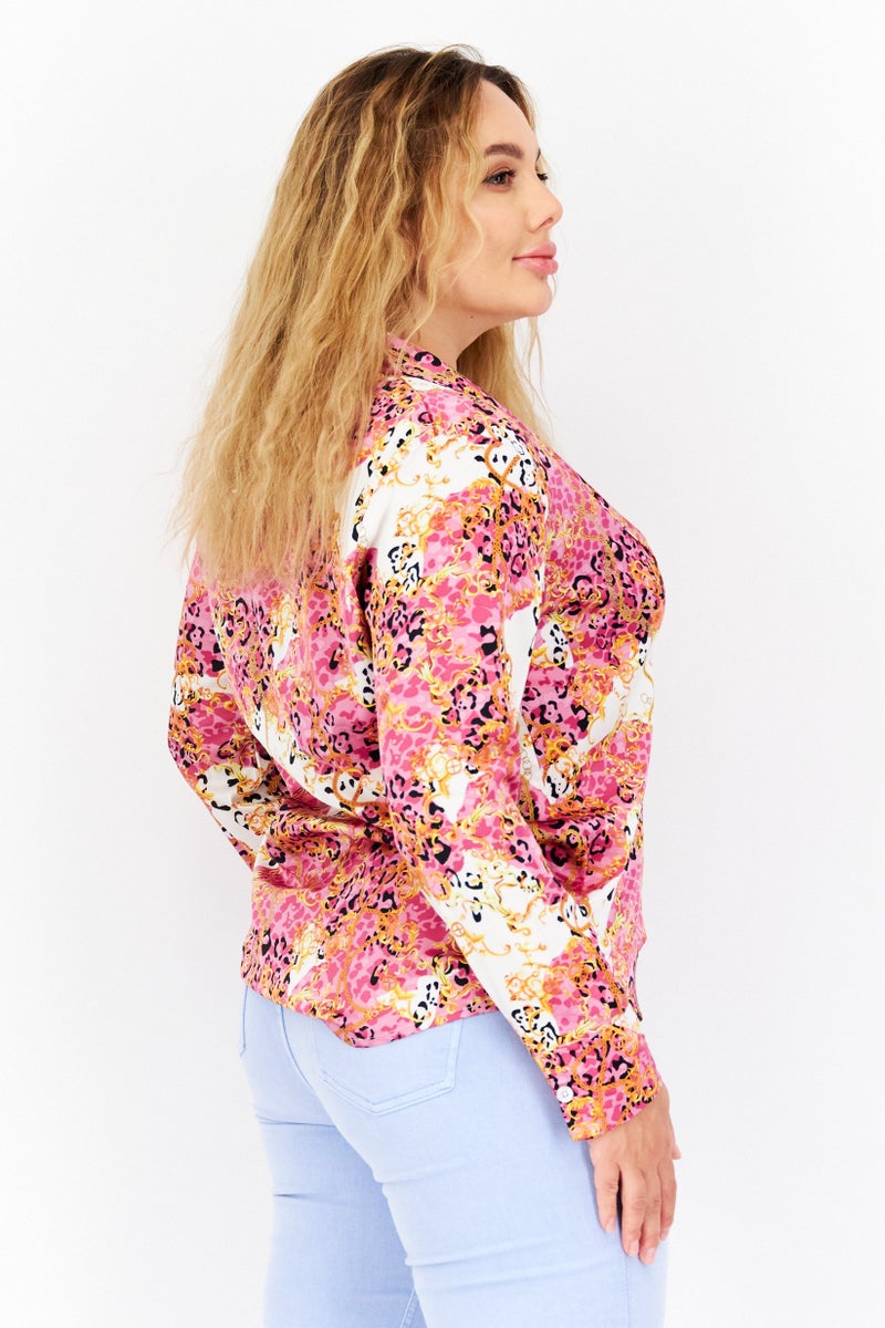 bebe بلوزة بأكمام طويلة على شكل حرف V للنساء، مجموعة وردية - Image 3