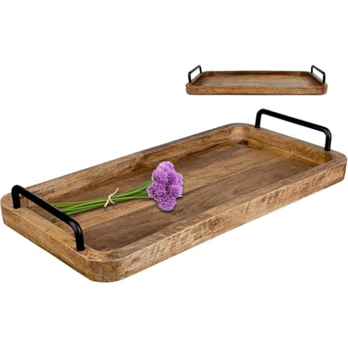 Kundi Vintage Mango Wood Serving Tray with Metal Handles – Unique Rectangular Kitchen Tray, 13 x 9 x 3 Inches - Image 1