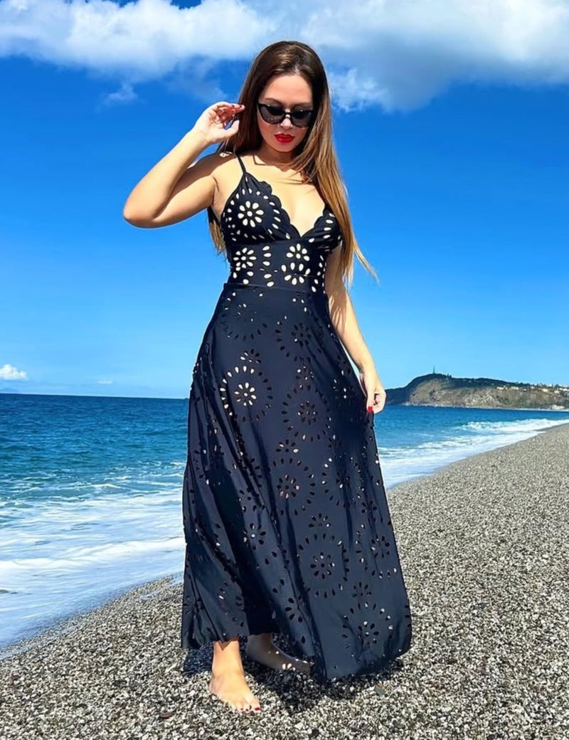 FLAXMAKER Women's One Piece Bathing Suit Petal Hollow V Neck Swimsuit and Skirt (Black Swimsuit and Skirt, XL) - Image 4